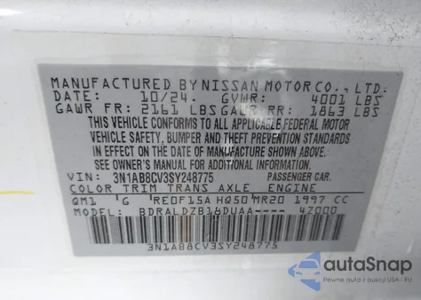 2025 Nissan Sentra Sv из США, поврежденный, VIN 3N1AB8CV3SY248775